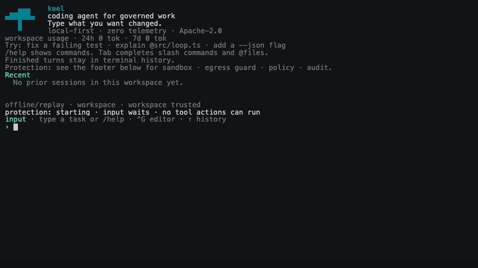 The production keel TUI launches, then its warden blocks an SSH private-key read before execution.